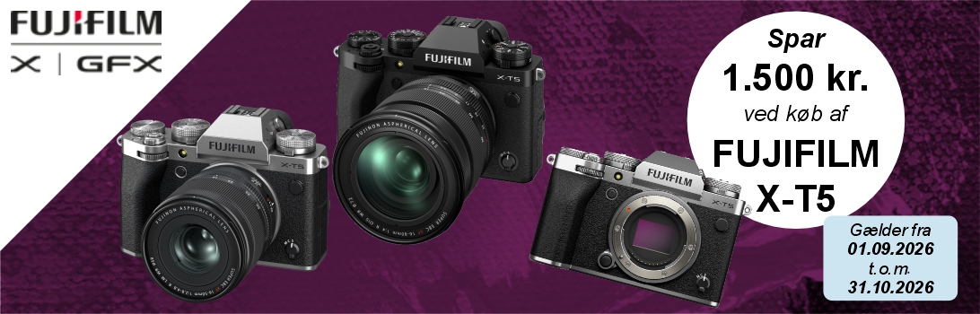 Fujifilms X-T5 kampagne. Spar 1.500 kr. på Fujifilm X-T5 kamera uanset om et kun er huset eller et kit.